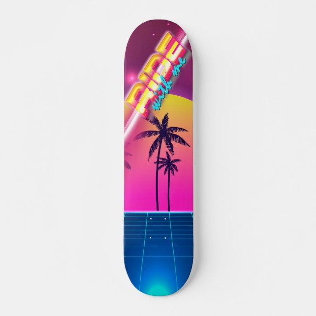 80's style skateboard, retro futuristic landscape skateboard (Front)