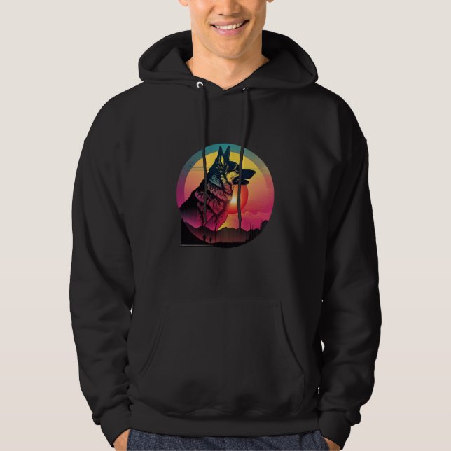 80s Synthwave German Shepherd with a Retro Aesthet Hoodie (Front)
