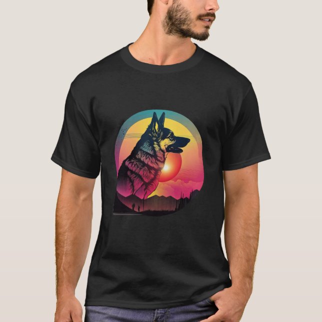 80s Synthwave German Shepherd with a Retro Aesthet T-Shirt (Front)