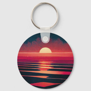 80s Synthwave Red Sea And Vintage Sunset Key Ring