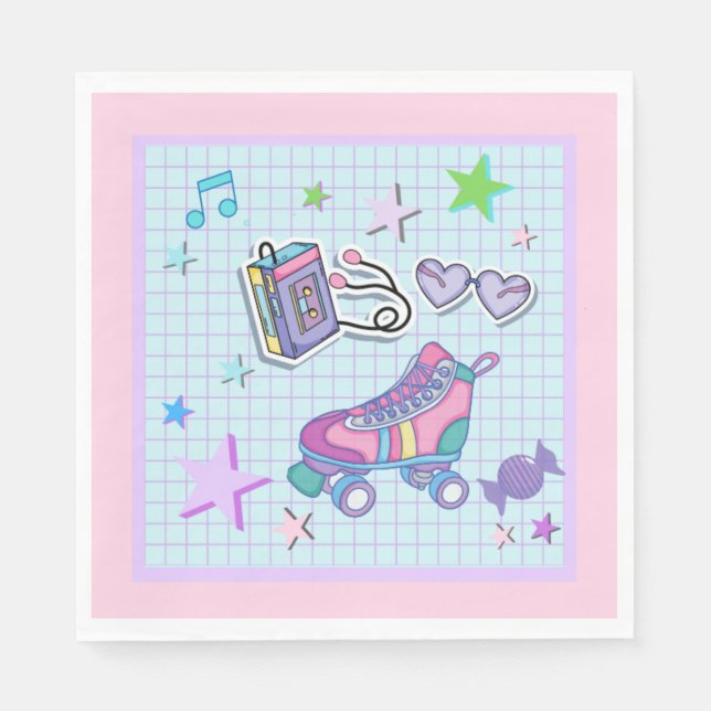 80's theme birthday party, roller skate party napkin (Front)