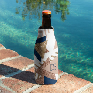80s Trendy Abstract Navy and Rose Gold Monogram Bottle Cooler