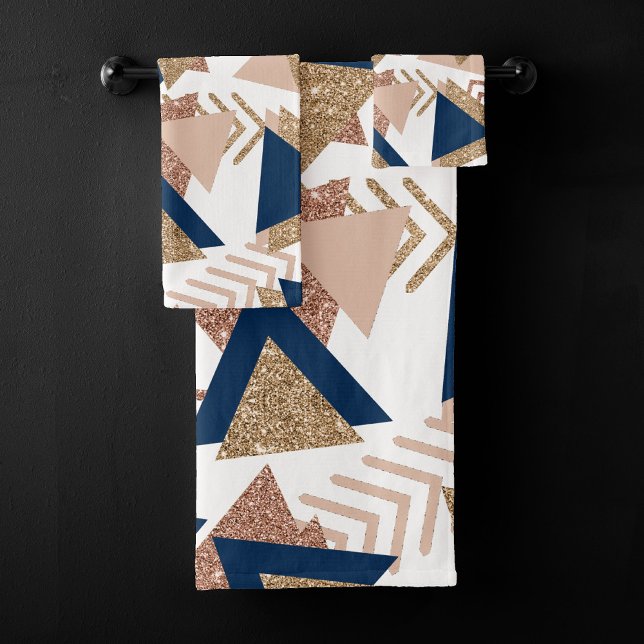 80s Trendy Abstract | Navy and Rose Gold Pattern Bath Towel Set (Creator Uploaded)