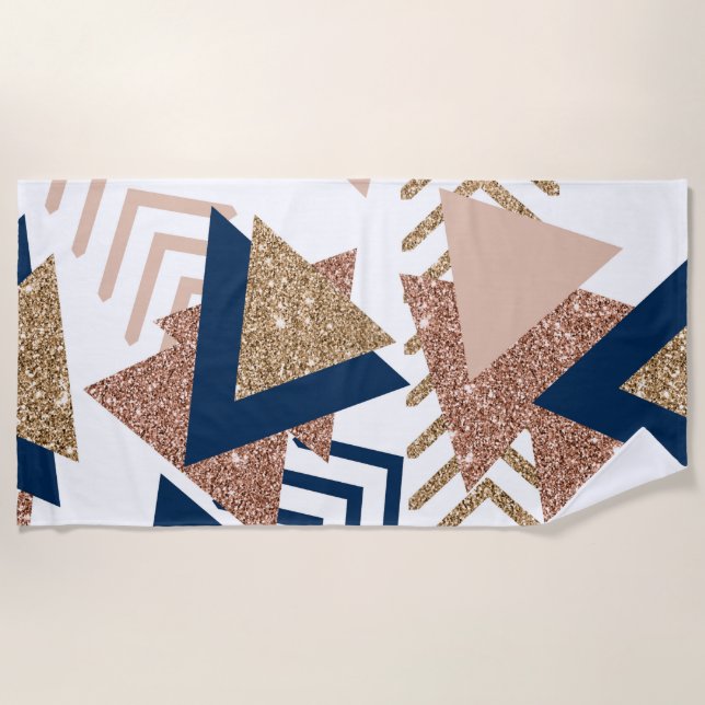 80s Trendy Abstract | Navy and Rose Gold Pattern Beach Towel (Front)