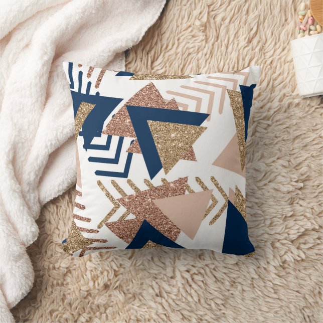 80s Trendy Abstract | Navy and Rose Gold Pattern Cushion (Blanket)