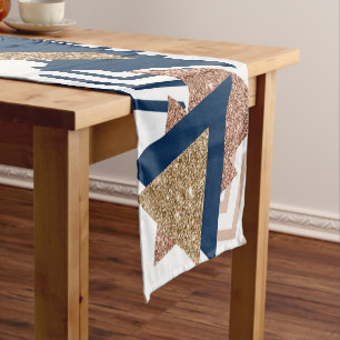 80s Trendy Abstract   Navy and Rose Gold Pattern Short Table Runner