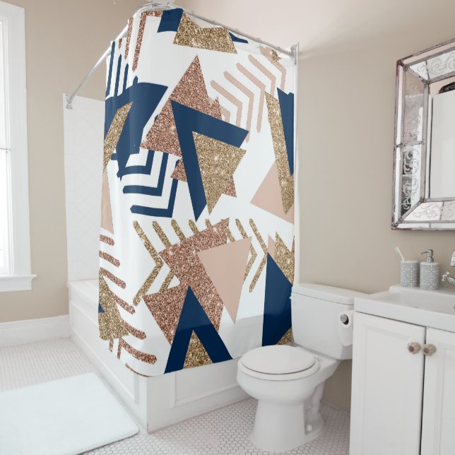 80s Trendy Abstract | Navy and Rose Gold Pattern Shower Curtain (In Situ)