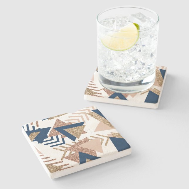 80s Trendy Abstract | Navy and Rose Gold Pattern Stone Coaster (Side)