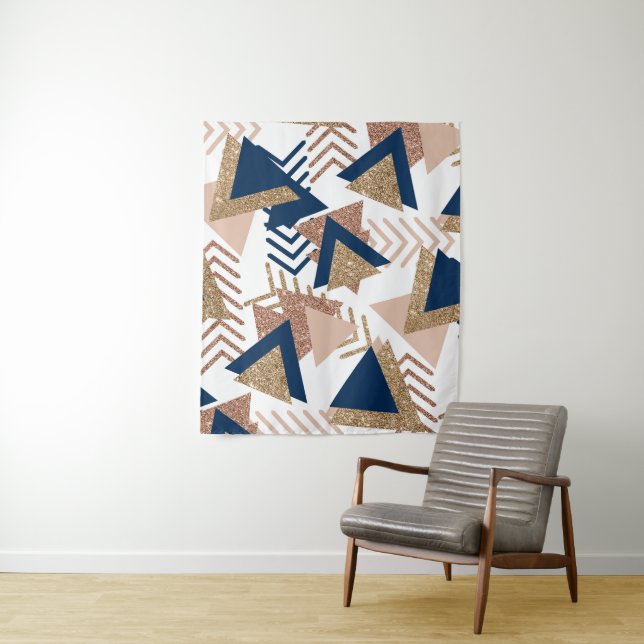 80s Trendy Abstract | Navy and Rose Gold Pattern Tapestry (In Situ)