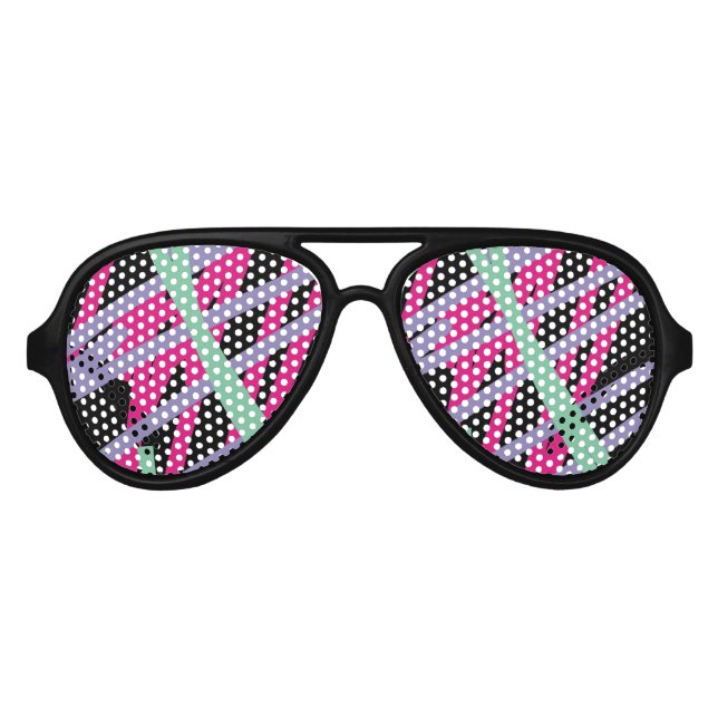 80s Trippy Eyes Purple Pink Teal Lines Psychedelic Aviator Sunglasses (Front)