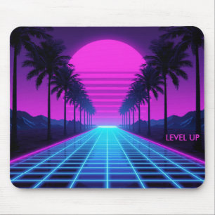 80s Vaporwave Neon Grid Desk Mat with Palm Trees Mouse Pad