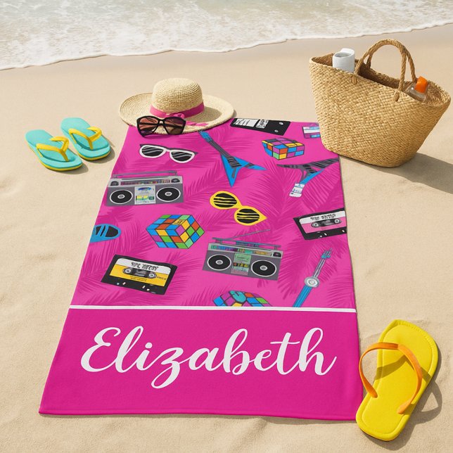 80s Vibes Neon Pink Summer Retro Your Name Printed Beach Towel (Creator Uploaded)