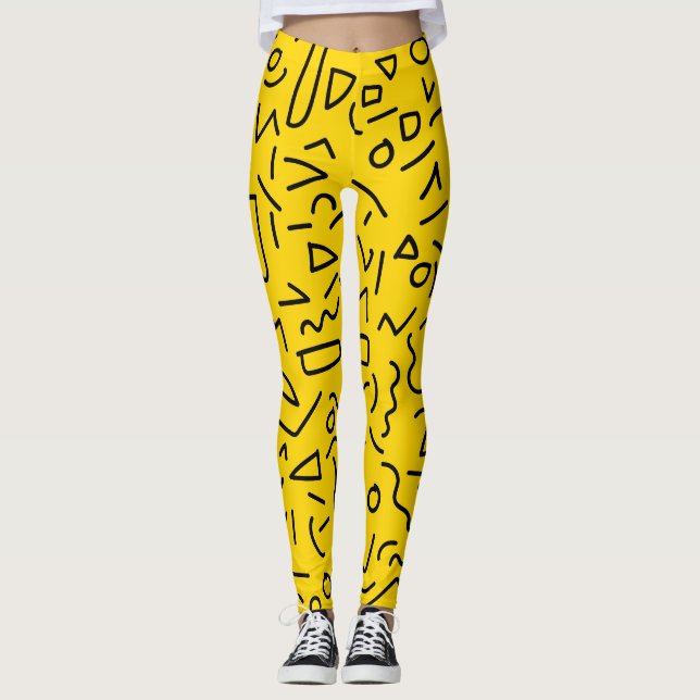 80's Yellow and Black Shape and squiggle  Leggings (Front)