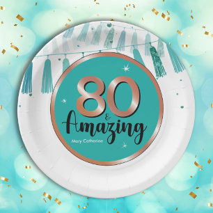 80th Amazing Birthday Party Teal Rose Gold Elegant Paper Plate