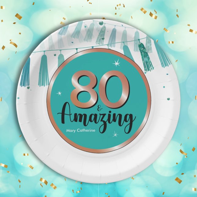 80th Amazing Birthday Party Teal Rose Gold Elegant Paper Plate (Creator Uploaded)