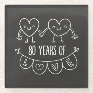 80th Anniversary Gift Chalk Hearts Glass Coaster