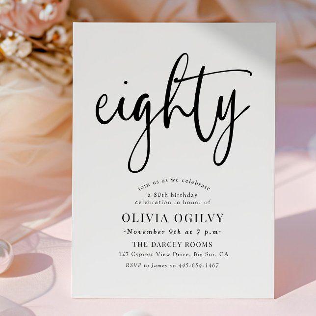 80th B&W Birthday Party Modern Script Typography Invitation (Creator Uploaded)