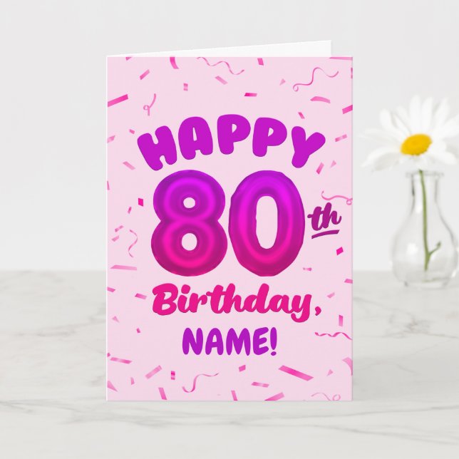 80th Balloon Number Custom Name Birthday Card (Small Plant)