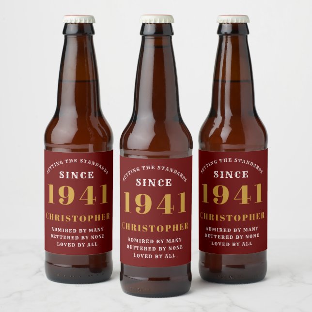 80th Birthday 1941 Red Gold Retro Personalised Beer Bottle Label (Bottles)