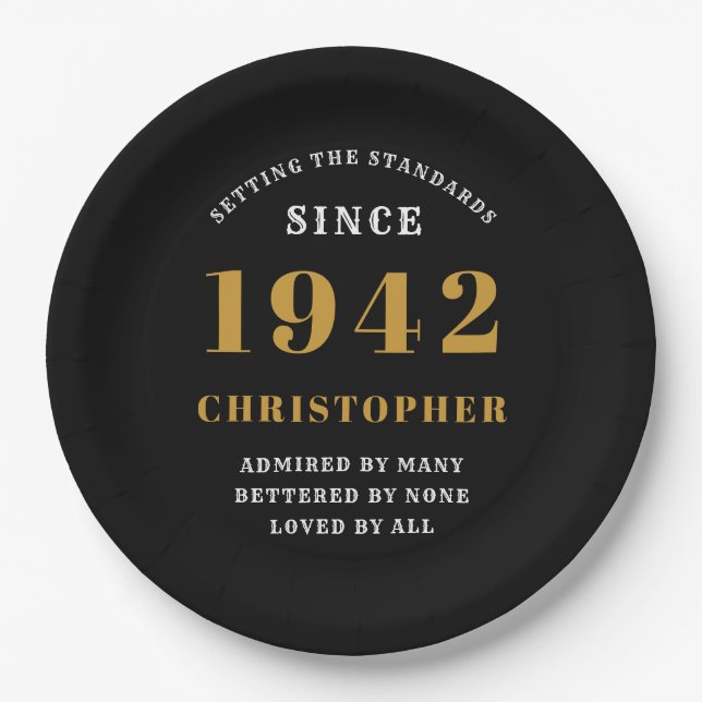 80th Birthday 1942 Black Gold Love Personalised Paper Plate (Front)