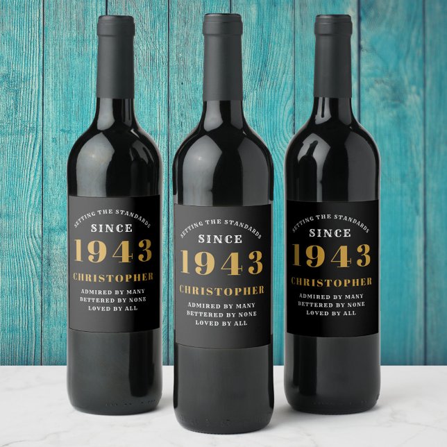 80th Birthday 1943 Black Gold Retro Personalised Wine Label (Creator Uploaded)