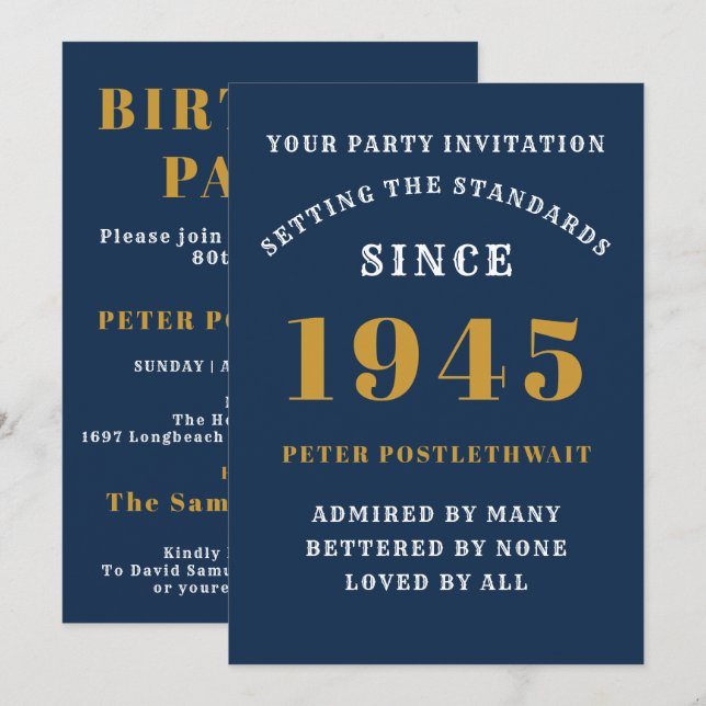 80th Birthday 1945 Blue Gold Personalised For Him Invitation (Front/Back)