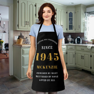 80th Birthday 1945 Name Chic Elegant Black Gold Apron