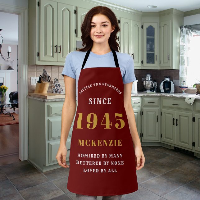 80th Birthday 1945 Name Chic Elegant Red Gold Apron (Personalized 80th birthday long red apron )