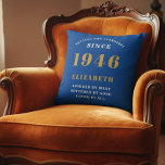 80th Birthday 1946 Add Name Blue Gold Personalized Cushion<br><div class="desc">Celebrate a remarkable milestone with this elegant and modern Personalized 80th Birthday Throw Pillow, the perfect gift for someone born in 1946 This custom accent pillow features the striking, bold text "BORN 1946", for that person loved for 80 years (and counting)" and allows you to add a custom name (e.g.,...</div>