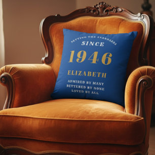80th Birthday 1946 Add Name Blue Gold Personalized Cushion