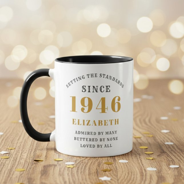 80th Birthday 1946 Add Name Elegant Mug (Born 1946 birthday gift mug. Blurred wood background.)