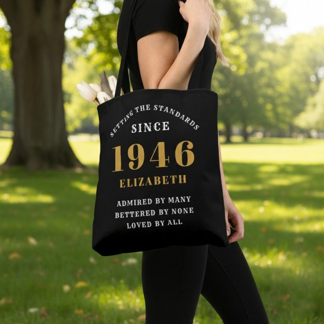 80th Birthday 1946 Black Gold For Her Personalized Tote Bag (Born 1946 birthday tote bag. Background out of focus.)