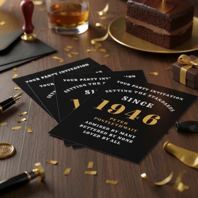 80th Birthday 1946 Black Gold Invitation Postcard (1946 80th birthday invitations on a table.)