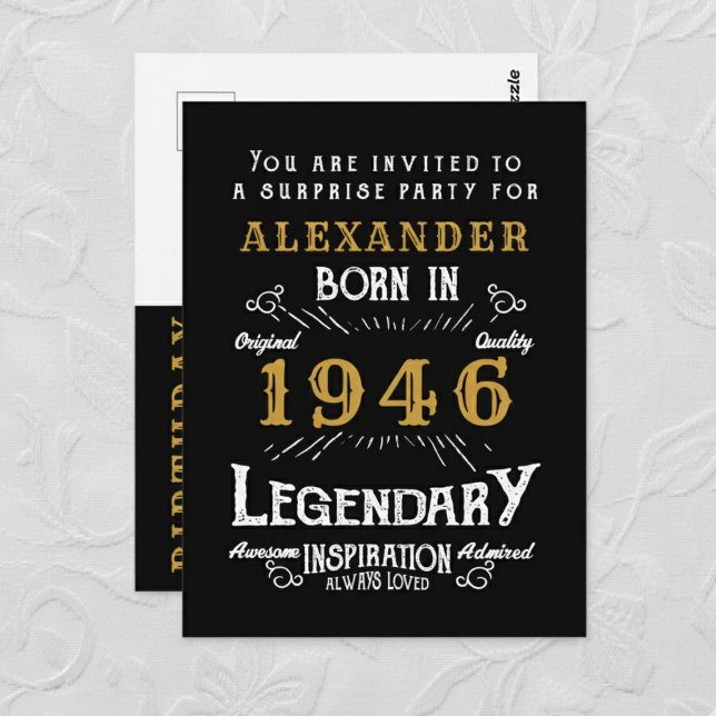 80th Birthday 1946 Black Gold Legend Invitation Postcard (1946 birthday invitation postcard. Background white lace.)