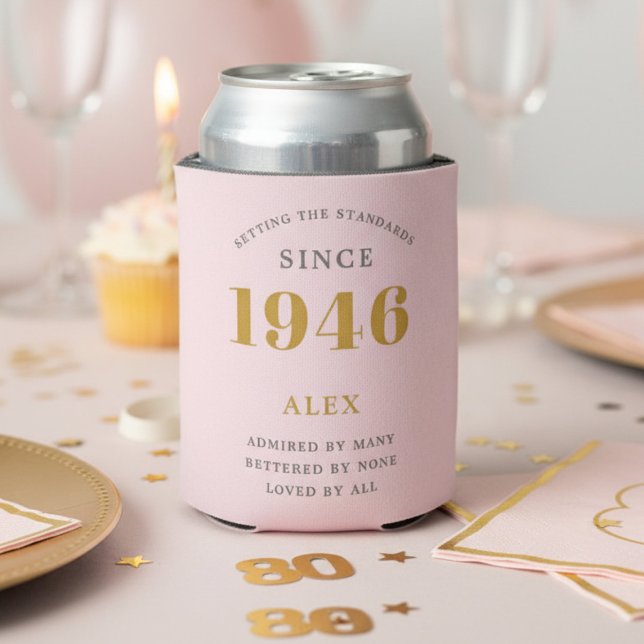 80th Birthday 1946 Keepsake Elegant Personalised Can Cooler (1946 pink can cooler on a party table.)