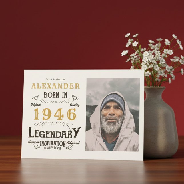 80th Birthday 1946 Legend White & Gold Photo Invitation (Born 1946 birthday invitation.)