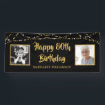 80th Birthday 2 Photo Black Gold Lights Banner<br><div class="desc">Celebrate any age birthday (shown for an 80th) with this editable black and gold banner sign featuring 2 photos (perhaps "then and now" pictures, your custom text shown in an editable hand-lettered calligraphy typography and gold and white string lights. EDITABLE COLOR: The black background colour and text fonts and colour...</div>