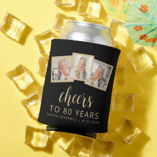 80th Birthday 3-Photo Black Gold Script Cheers Can Cooler