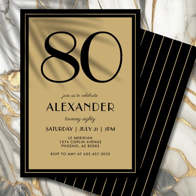 80th Birthday Adult Black and Gold Modern Minimal  Invitation (Celebrate your 80th in bold, sophisticated style with this chic design.)