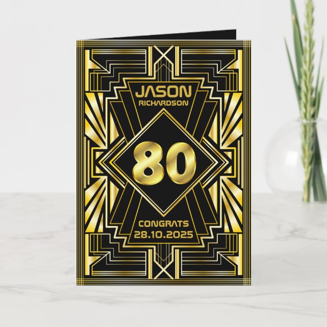 80th Birthday Art Deco Gold Black Great Gatsby Card (Front)