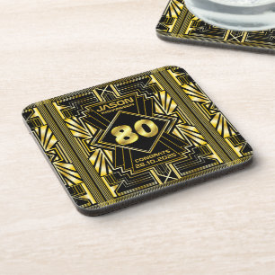 80th Birthday Art Deco Gold Black Great Gatsby Coaster