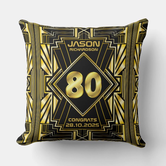 80th Birthday Art Deco Gold Black Great Gatsby Cushion (Front)