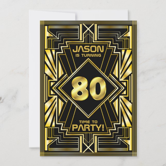 80th Birthday Art Deco Gold Black Great Gatsby Invitation (Front)