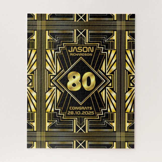 80th Birthday Art Deco Gold Black Great Gatsby Jigsaw Puzzle (Vertical)