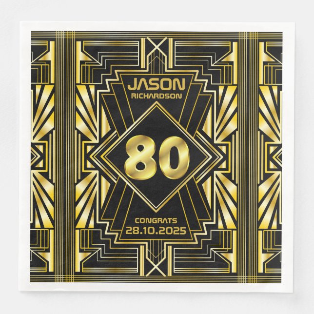 80th Birthday Art Deco Gold Black Great Gatsby Napkin (Front)