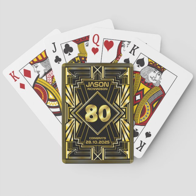 80th Birthday Art Deco Gold Black Great Gatsby Playing Cards (Back)