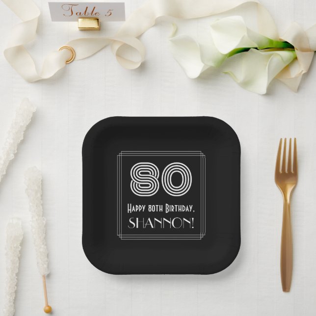 80th Birthday — Art Deco Inspired Look “80” + Name Paper Plate (Wedding)