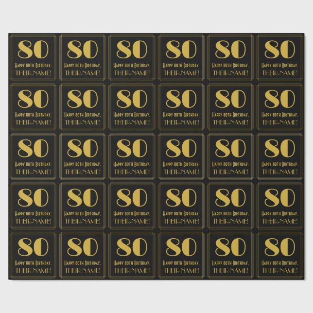 80th Birthday ~ Art Deco Inspired Look "80", Name Wrapping Paper (Seam)