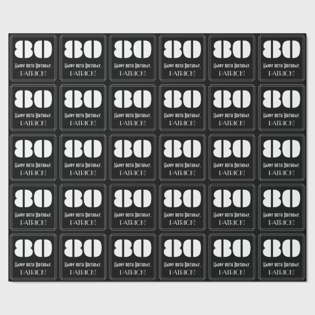 80th Birthday: Art Deco Inspired Look "80" & Name Wrapping Paper (Seam)