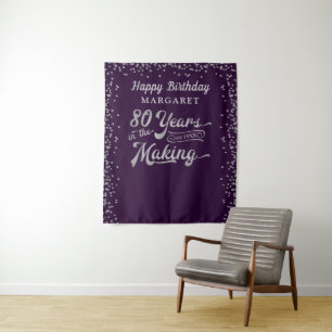 80th Birthday Backdrop Purple Silver Confetti Tapestry